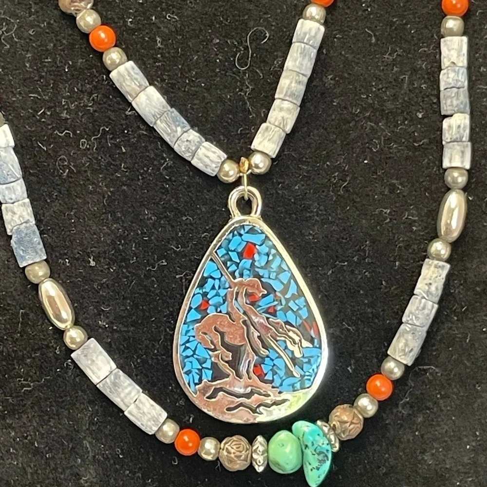 Vintage 1970s Zuni Navajo style nickel silver faux turquoise 2 strand necklace